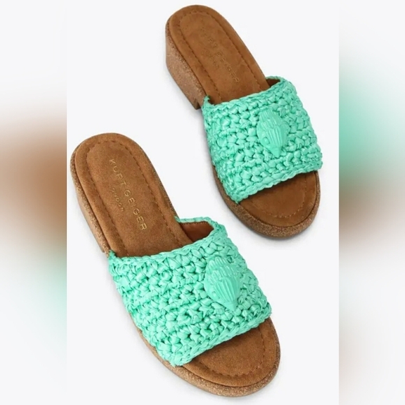 Kurt Geiger Boho Chic Turquoise Crochet Wedge Slip-On Slide Sandals New - Picture 6 of 7